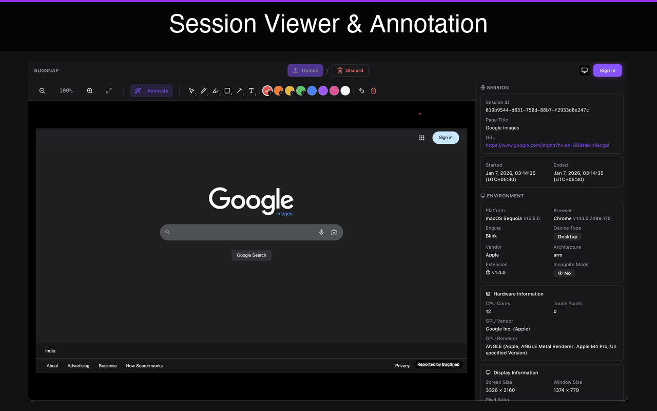 BugSnap session viewer showing captured bug report with environment details, console logs, and annotation tools